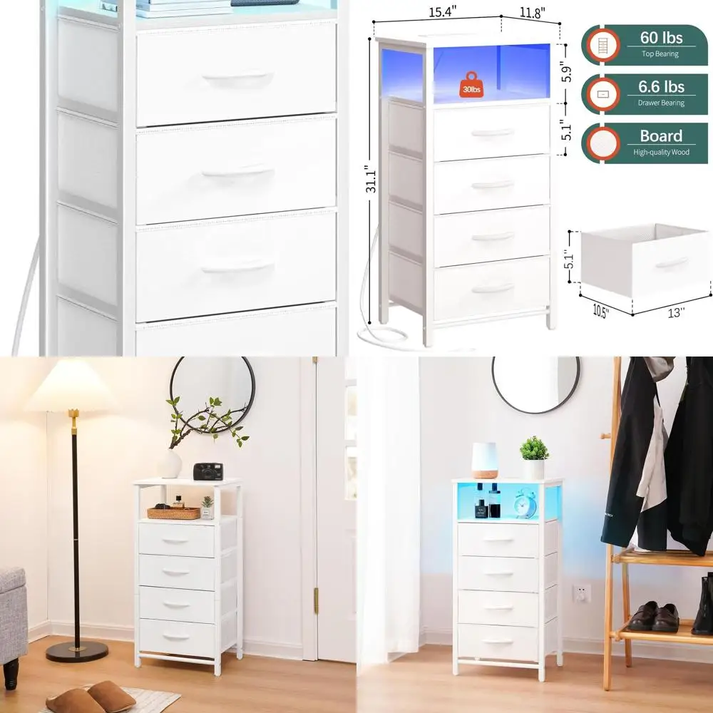 

Прикроватная тумбочка — белая светодиодная тумбочка с зарядной станцией, прикроватная тумбочка с 4 ящиками для хранения и полкой для хранения, торцевой столик с