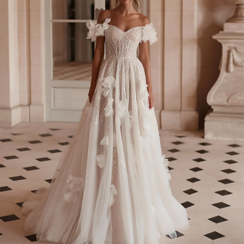 Vestidos de novia elegantes con hombros descubiertos, sin mangas, corte en A, personalizados