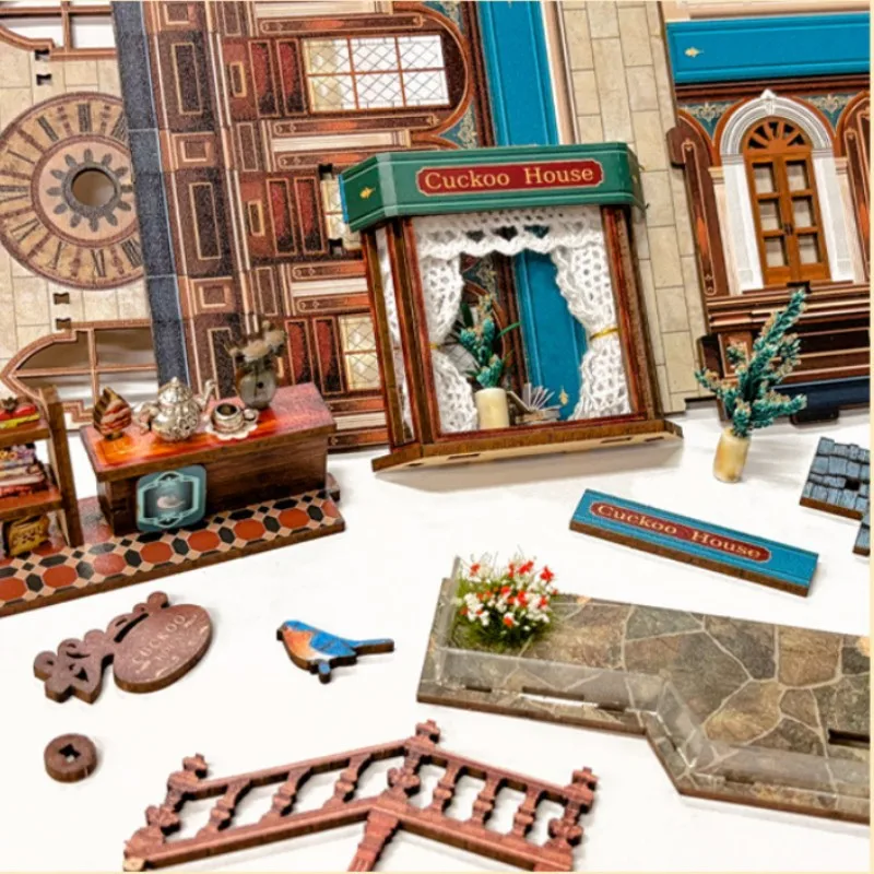 OUZEY غريب الأطوار ساعة الوقواق كوخ، تزهر زهرة البيت نموذج ثلاثي الأبعاد، هدية ديكور خشبي ساحر DIY #5