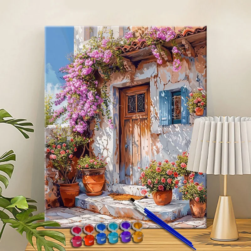 Painting By Numbers Flower in front of the door Acrylic Paint Canvas Dropshipping Portrait Family Children Photo Christmas gifts