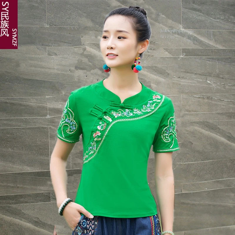 

2022 Summer New Ethnic Style Shirt Women's Short Sleeve Round Neck Vintage Embroidered Embroidery Women's Large Size T-shirt Top