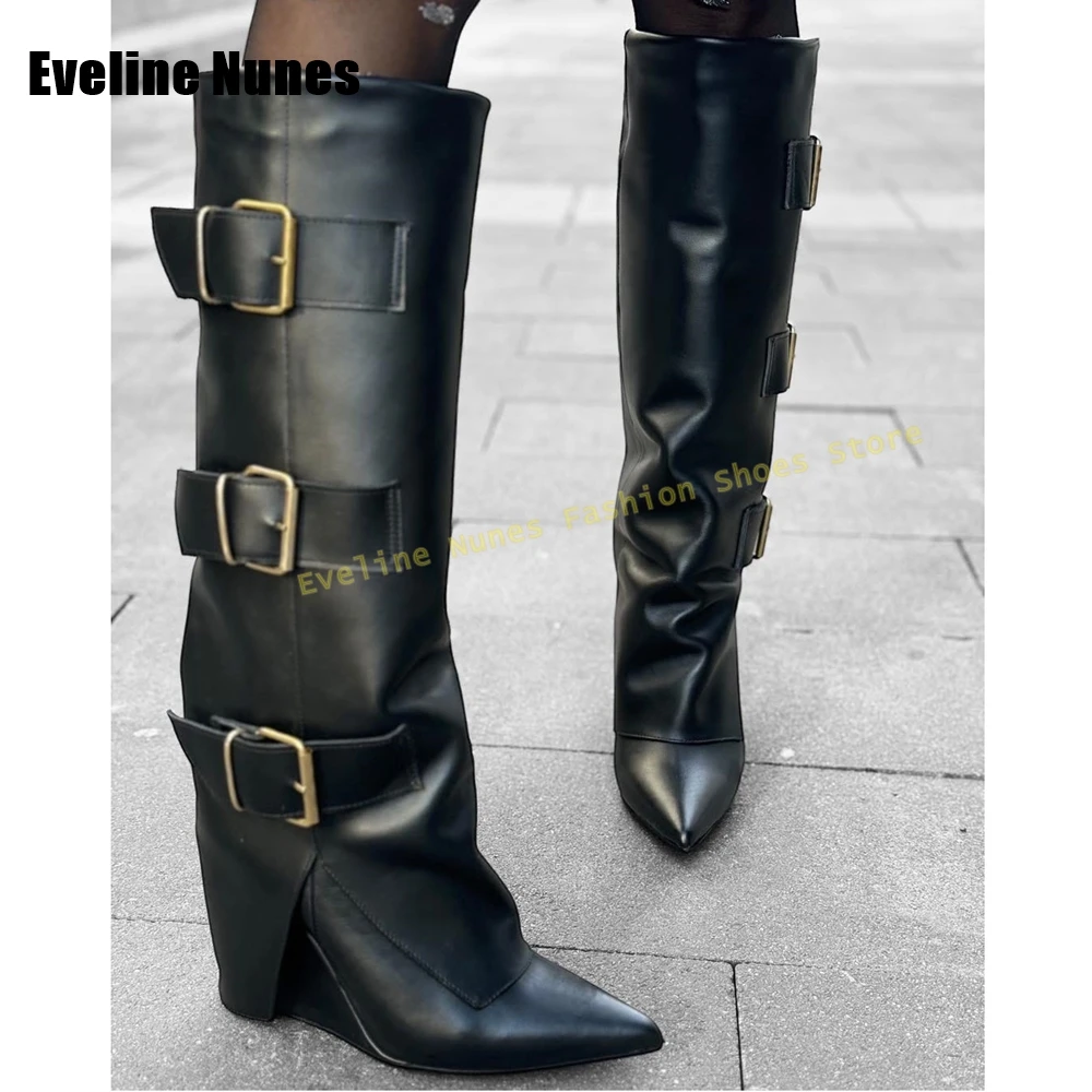 Wedge Belt Buckle Knee High Boots Pointed Toe Pull On Street Style Women Sleeve Boots 2025 Fold Down New Arrivals Trend Winter