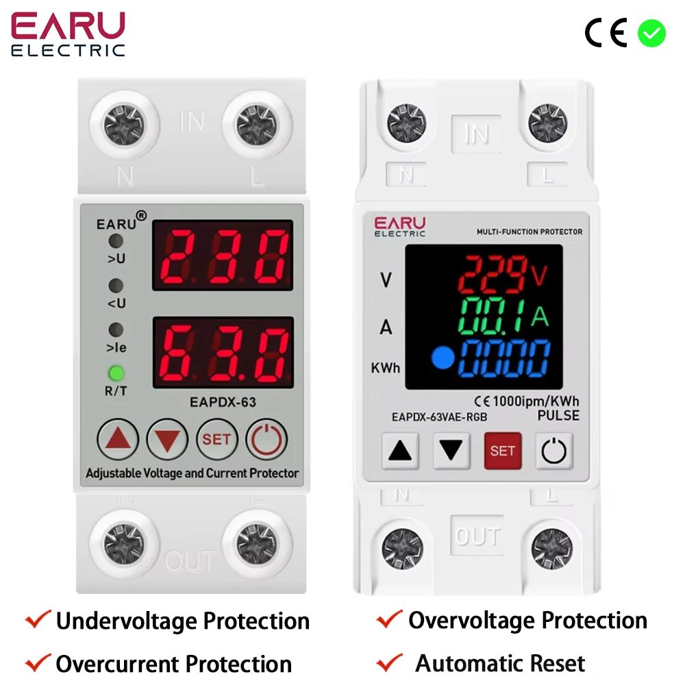 

Dual Display 40A 63A 230V Din Rail Adjustable Digital Over Under Voltage Relay Over Current Protection kWh 220V