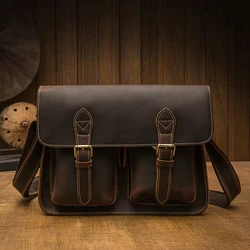 Vintage Crazy Horse Shoulder Bag Handmade Genuine Leather Business Retro Cowhide Leather Briefcase Cross body Messenger Bag For