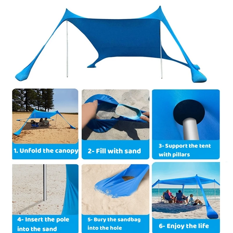 Outdoor Beach Tent Sun Shelter Camping Shades Tents Windproof One-piece Beach Canopy Tents UPF50+ Portable Family Tent