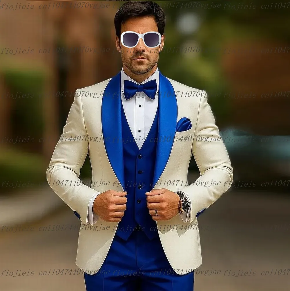 

NewRoyal Blue White Men Suit Formal Wedding Party Groom Groomsman Business Male Tuxedos Customized 3 Piece Set Jacket Vest Pants