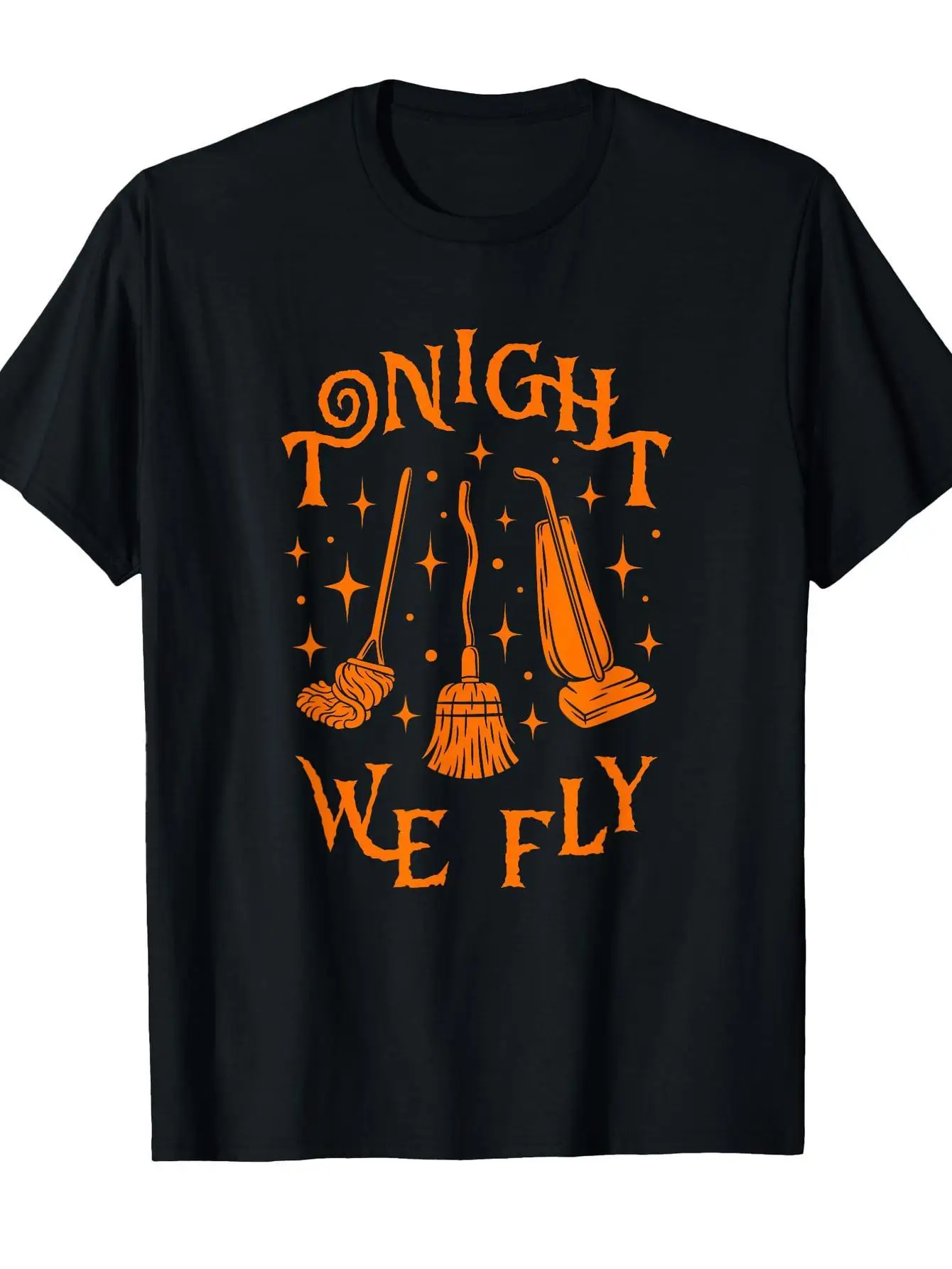 Men's Vintage Halloween T-Shirt - Witch Broom and Tonight We Fly Pattern - Black with Orange Print