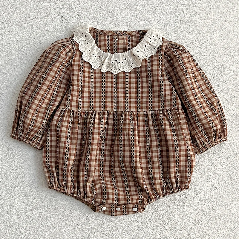 Autumn Newborn Clothes Brown Grid Romper Lace Collar Spring Baby Girl\'s One Piece Clothes Ribbon Ruffled Collar Climbing Clothes