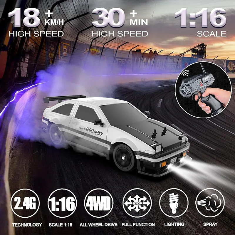 Remote Control Car RC Drift Car 1:16 Scale 4WD 18KM/H High Speed Model Vehicle 2.4GHz with LED Lights Spray Racing Sport Toy