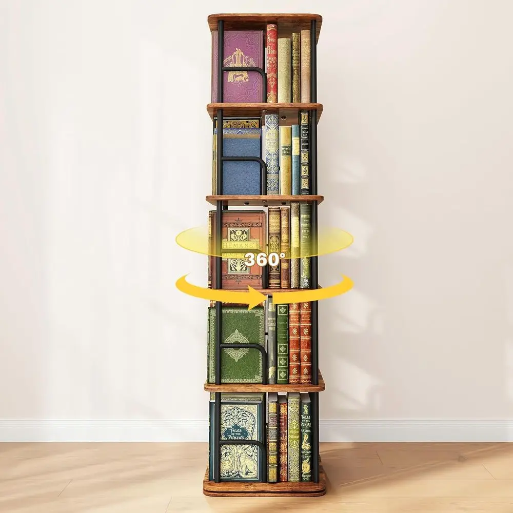 5 estantes 360 °   Librería giratoria de madera para espacios compactos, ideal para almacenamiento en el hogar y la oficina