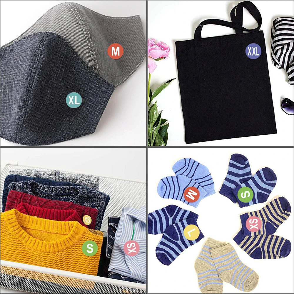 さまざまなサイズの丸いステッカー,1インチ,衣類ストアに適したカテゴリラベル,シャツドレス,帽子,クッション,500個。