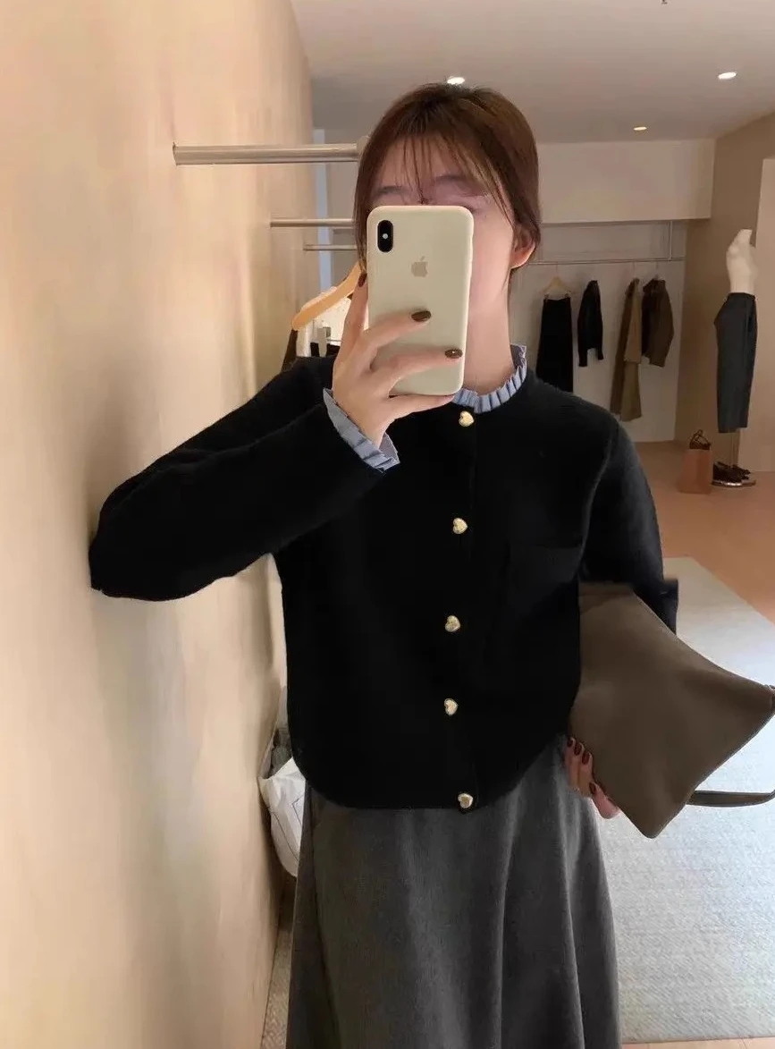 

Women Knitted Cardigan Jacket Autumn New Love Button Pleated Collar Sweet Korean Fashion Lazy Style Female Knit Top Sweater