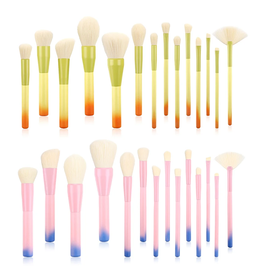 

SAIANTTH Gradient color 14pcs makeup brushes wooden handle loose powder foundation highlight brush fan full beauty tools Jackpot