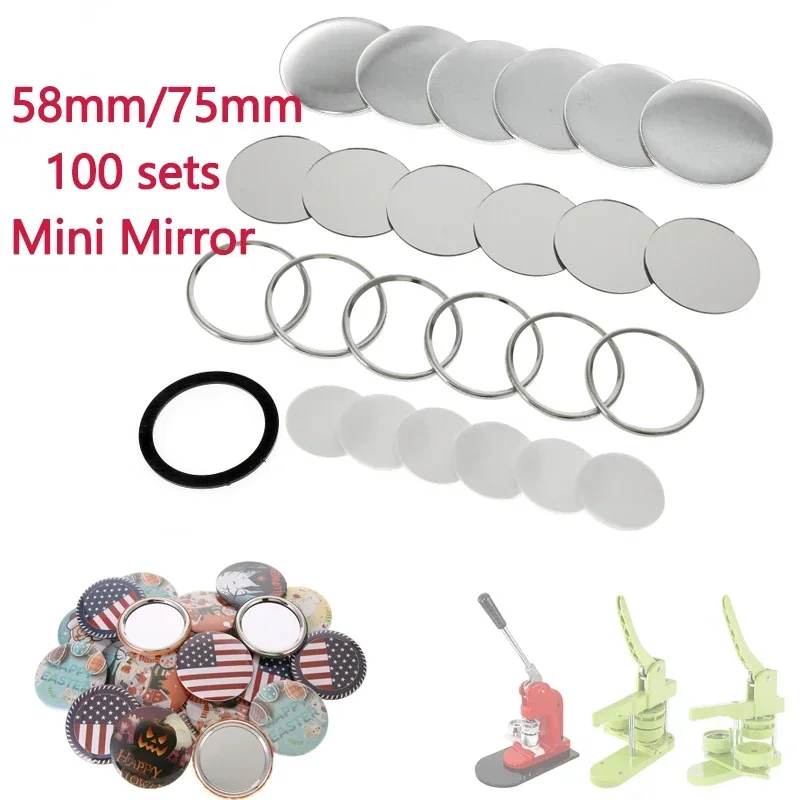 

58mm 75mm Mini Mirror Round Blank Badge Button Pins Pocket Mirrors Button DIY Crafts Parts For Button Maker Machine 100 Sets