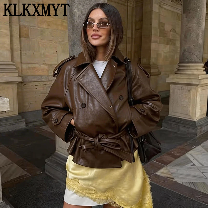 

KLKXMYT Faux Leather Jackets For Women Casual Solid Long Sleeve Tied Coats New Fashion Female Streetwear Casual Coat