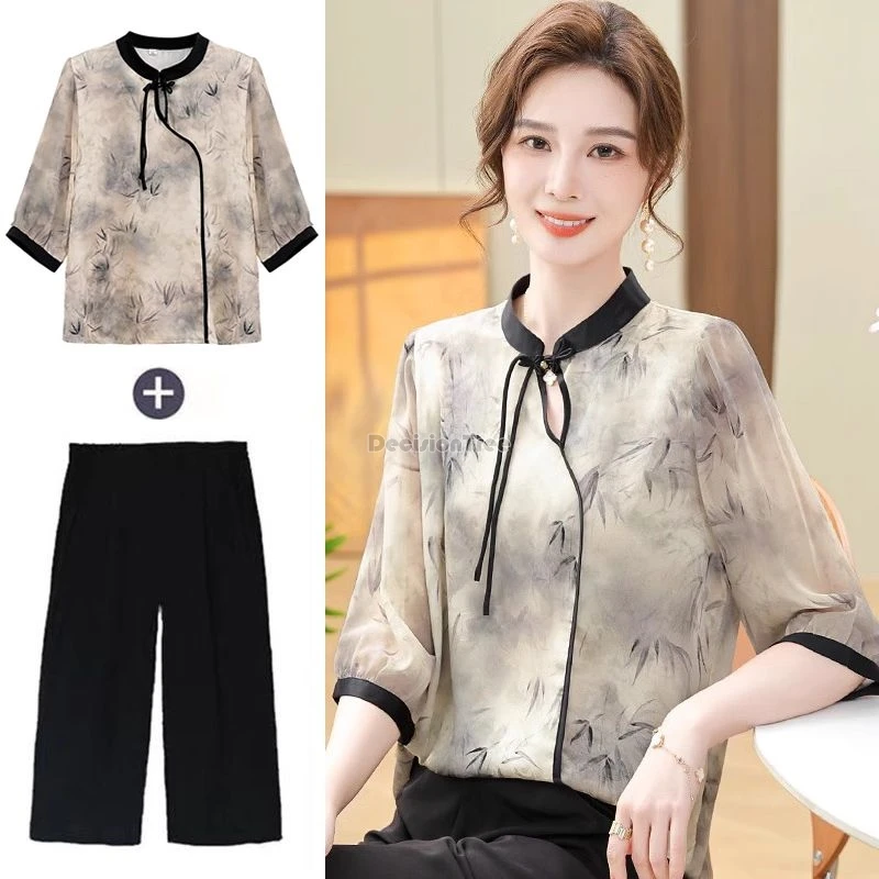 2024 chinese improved retro style printed stand collar half sleeve tang suit blouse long loose pant two pieces chinese set w815