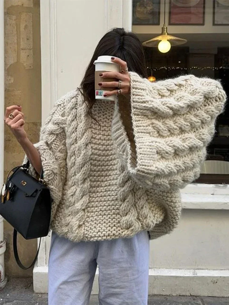 2025 Autumn Winter Loose Sleeves Knitwear Lady Oversize Knit Pullover Women Casual Lazy Round Neck Kink Solid Sweater Female