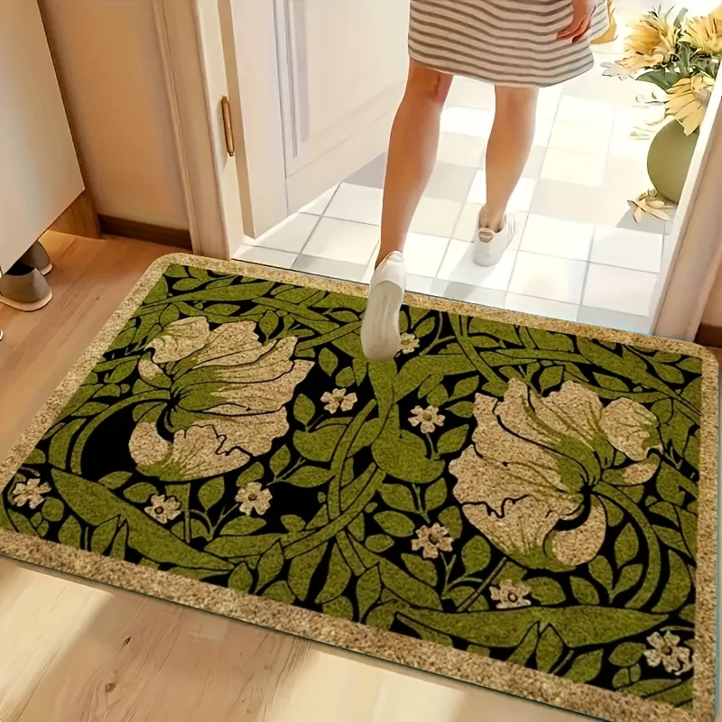 

Green Welcome Floral Doormat, Indoor Plant Decoration, Colorful Doormat Machine Washable Suitable for Bedroom Hallway