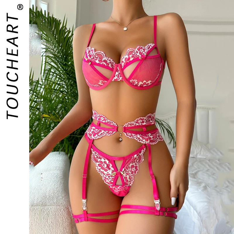 

Toucheart Bra Set Hot Erotic Sexy Costumes Lace Hollow Out Underwear Seamless Bra Thong Garters Bralette Sexy Lingerie Sets New