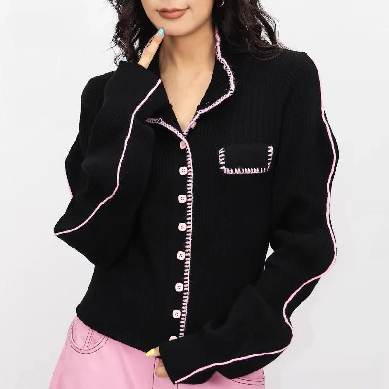 2025 Autumn New Color-Block High-Neck Women's Sweaters Top American Retro Design Warm Slimming Knitted Cardigan Coats Ladies