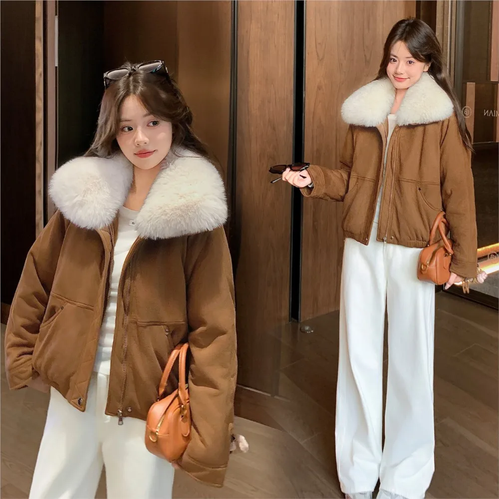 2026 Women's Winter Suede Parkas Jacket with Detachable Faux Fox Fur Collar Thickened Short Coat Ladies Elastic Hem And Pockets
