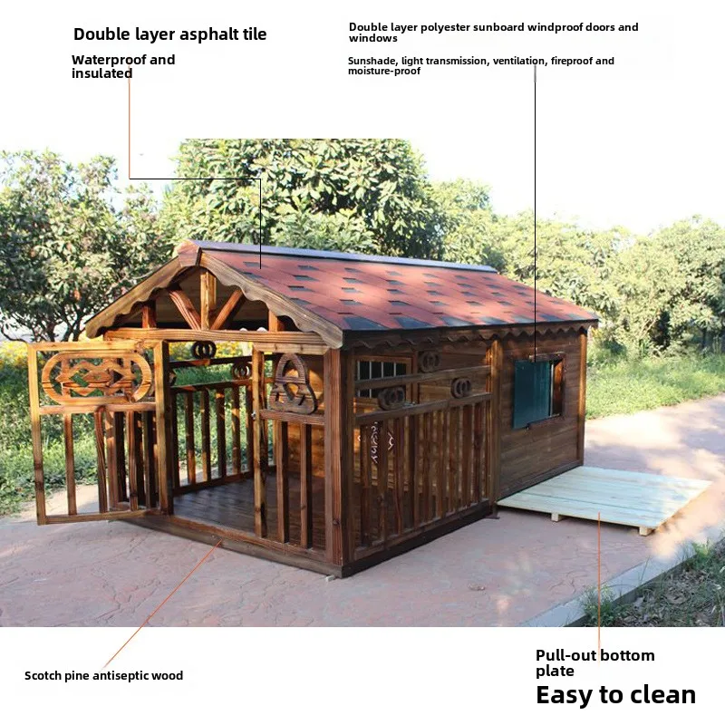 บ้านสุนัขกลางแจ้งจากโรงงาน ผลิตจากไม้ ทนทานต่อการกัด ป้องกันฝน สามารถปรับแต่งได้ บ้านสัตว์เลี้ยง