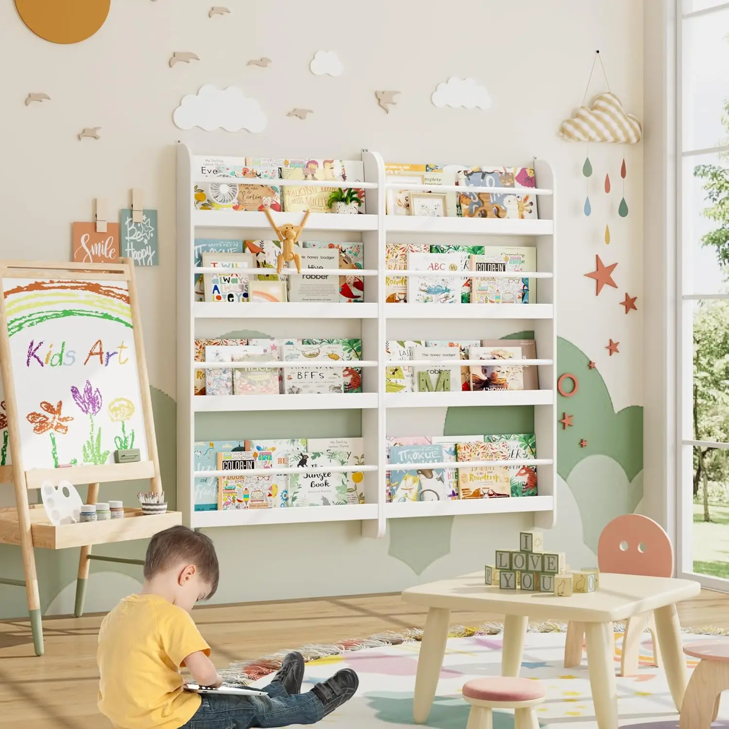 منظم رف كتب للأطفال على الحائط مكون من 4 طبقات للألعاب والكتب، وتخزين الحضانة باللون الأبيض #6