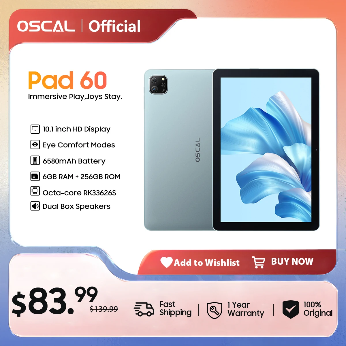 Oscal Pad 60 태블릿, 10.1 인치 HD + 디스플레이, 3GB RAM + 64GB ROM,6580mAh 배터리, 안드로이드 12, 듀얼 박스 스피커, 와이파이 태블릿 PC