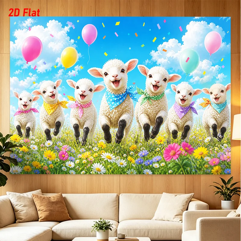 Cute Lamb Balloon Tapestry, Happy Sheep Meadow Wall Hanging, Colorful Spring Animal Decor, Kids Nursery Bedroom Background