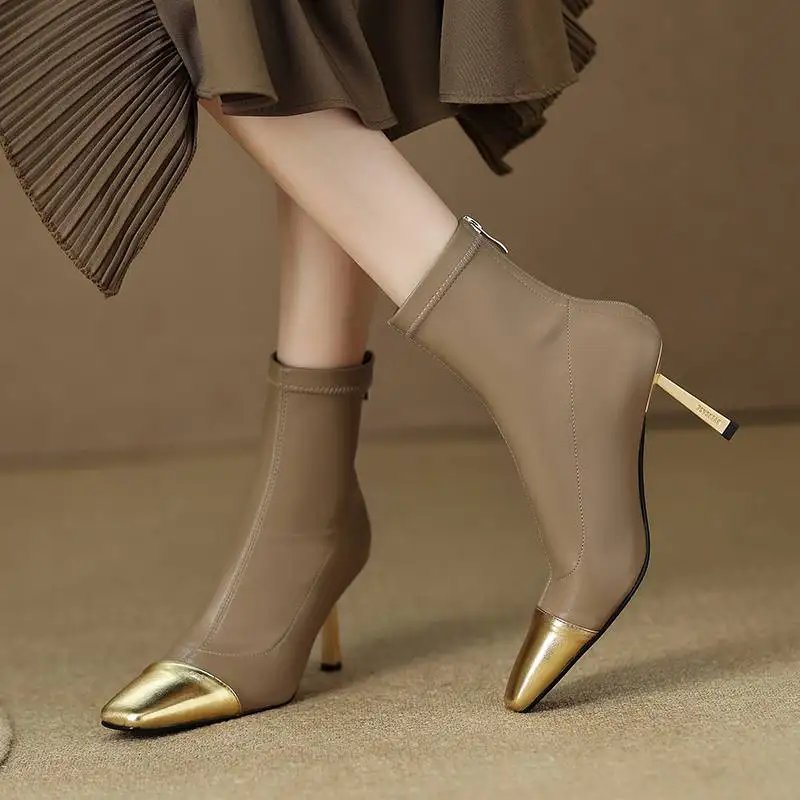 كرازينغ وعاء البقرة انقسام الجلود ساحة تو رقيقة عالية الكعب الأحذية الحديثة الربط المدخنة تصميم موضة مريحة سستة حذاء من الجلد #2