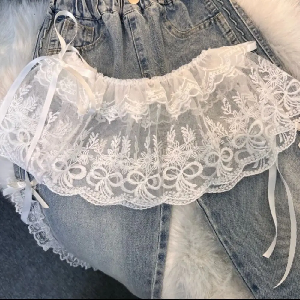 แฟชั่นสไตล์เกาหลีลูกไม้ Layered Gauze กระโปรงเอวสูงกระโปรงมินิหวาน One Piece ลูกไม้สายคล้องลูกไม้ Ruffles กระโปรง