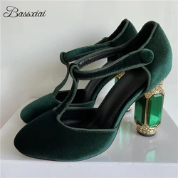 Luxury Velvet Round Toe T-Strap Women Pumps Side Fretwork Jeweled Crystal Diamond High Heel Banquet Shoes For Girls