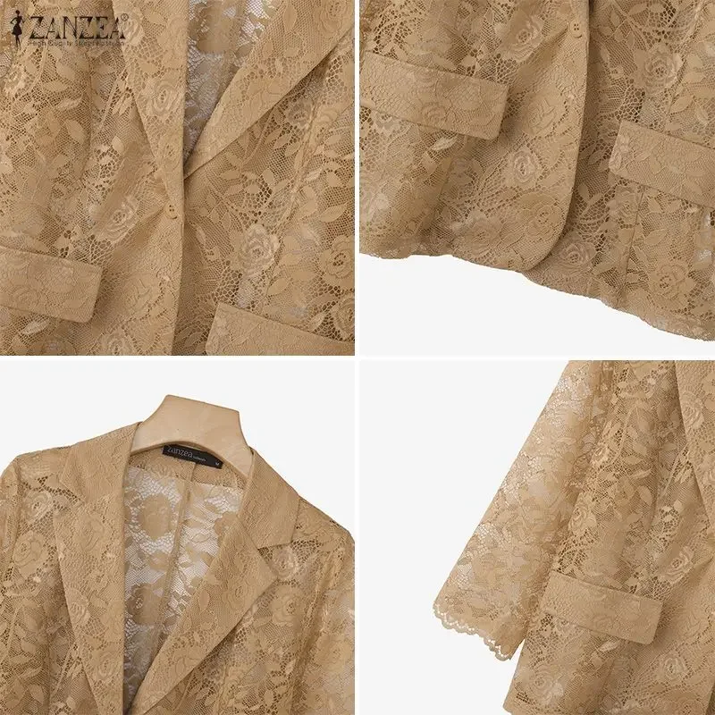 Fashion ZANZEA Lace Blazer Summer Spring 3/4 Sleeve Women Blazer OL Work Tops See-through Blazer Oversize Party Suits