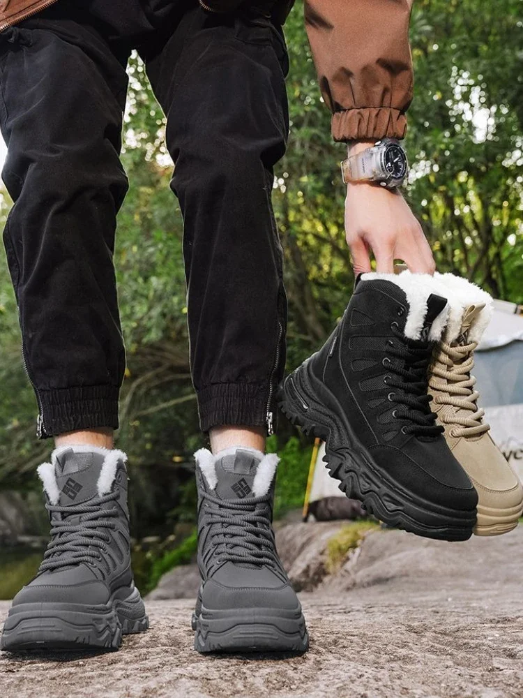 ​ Ropa de trabajo con forro polar para hombre, botas de nieve para invierno, aislamiento de frío extremo, piel de cuero genuino, suela gruesa alta, zapatos cálidos ​