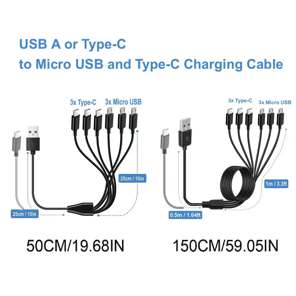 PD 1 to 6 Type C/Micro USB Splitter Cable 3 in 1 USB Multi Cable Fast Charing Cord For Phone MP3 Player and USB-C Smart Devices