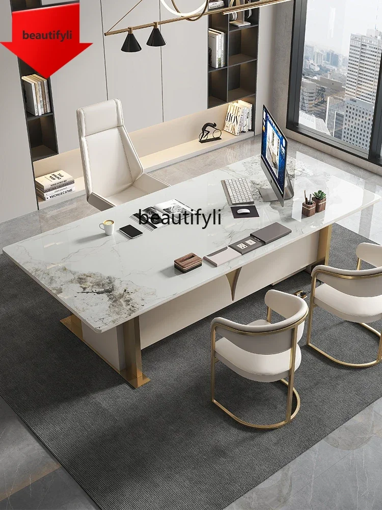 

46A Light Luxury Stone Plate Desk Modern Minimalist Desk High Sense Boss Desk Consultation Table