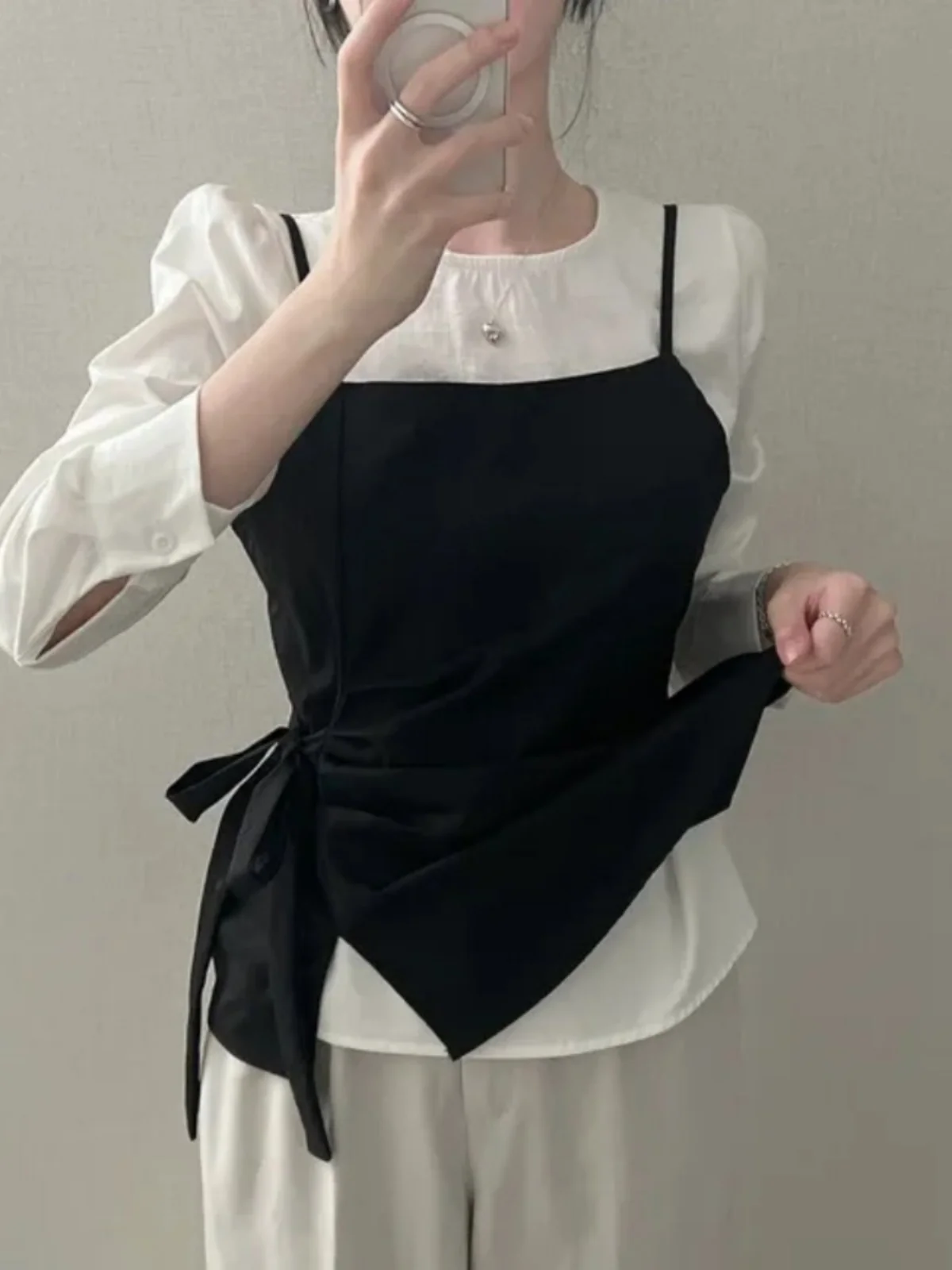 

Korean Sle Knot Tie Top + Bubble Long Sve Bot irt Spring Outfit Two-Piece Set Ele Aosphere Outerwear