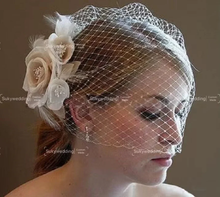 Flower Bridal Birdcage Veil  Flowers Blusher Veil Feather Short Veil Party Wedding Veil White Bride Hats Cap Wedding Accessories