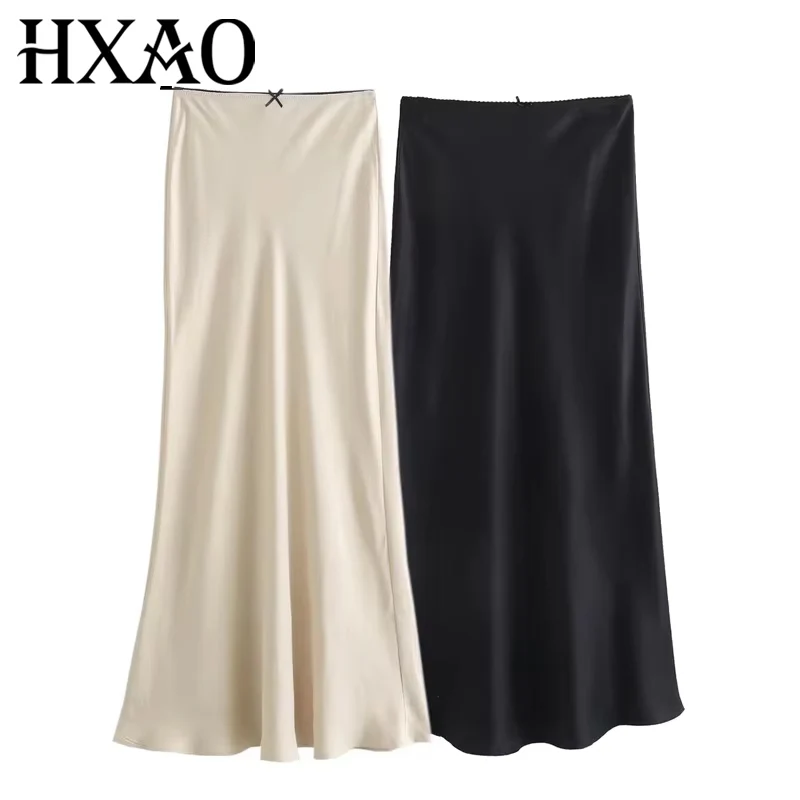 HXAO femmes jupe en Satin 2024 nœud taille haute Beige jupe Midi été élégant jupes longues pour les femmes élégant noir jupe pour femmes