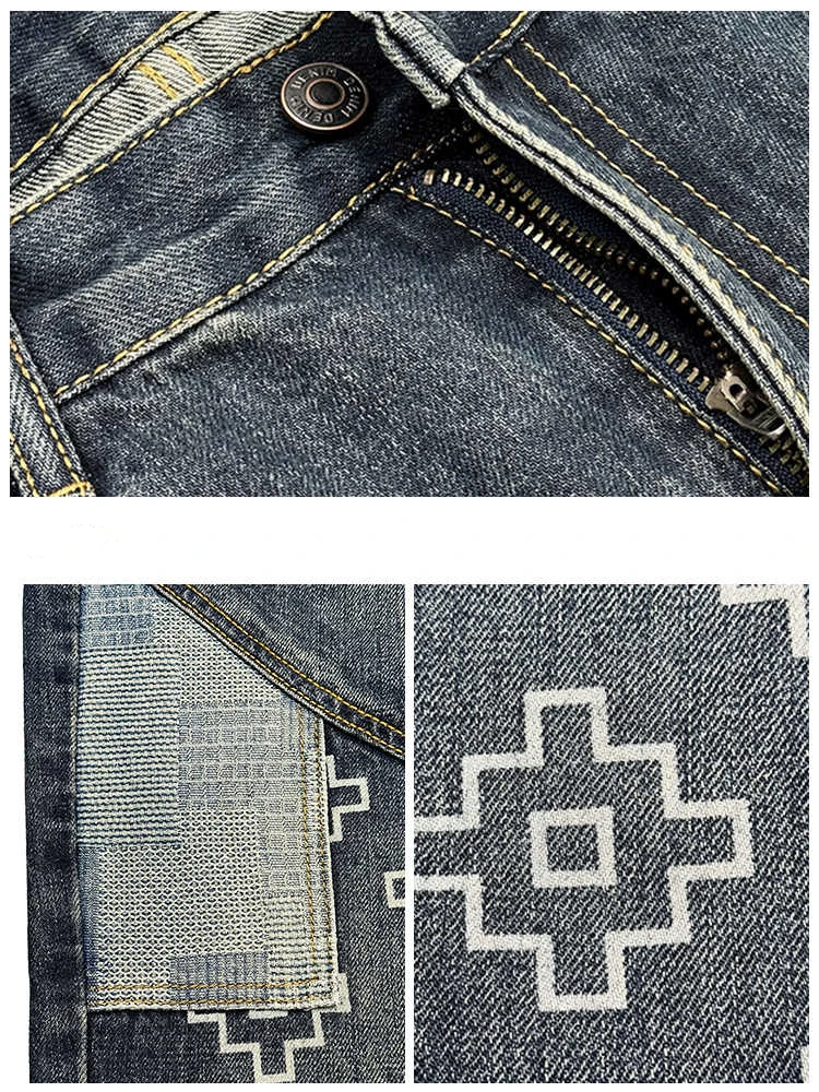 العصرية المرقعة المطبوعة الجينز للرجال الدنيم مستقيم الساق السراويل الشارع الشهير حجم كبير المتعثرة خمر المتضخم عارضة الأزياء #3