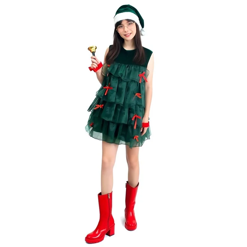 Vestido verde sin mangas con forma de árbol de Navidad para mujer, vestido escalonado con tocado, trajes de fiesta de juego de rol, puesta en escena, regalos de Navidad