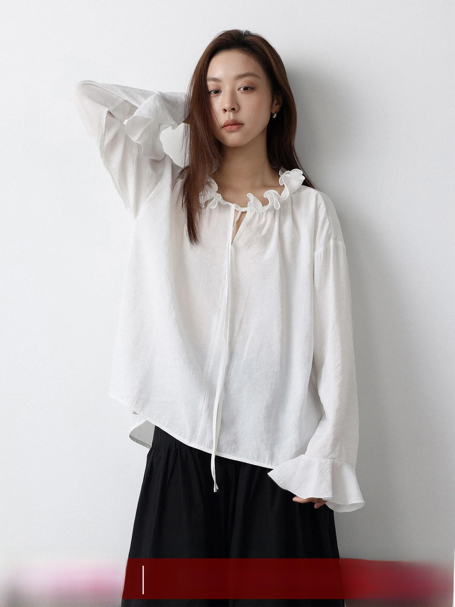 

LowCalorie 'Oil Painting Magnolia' Spring Autumn Long Sve Loose Fit Overhead irt White Lace Hem Casual Sle Women's irt