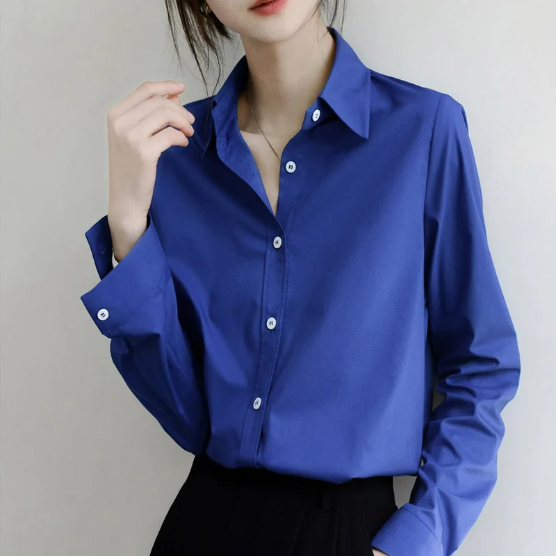 

Винтажные женские блузки, однотонные повседневные рубашки, модные свободные весенне-осенние корейские костюмы, темно-синие женские топы с длинными рукавами