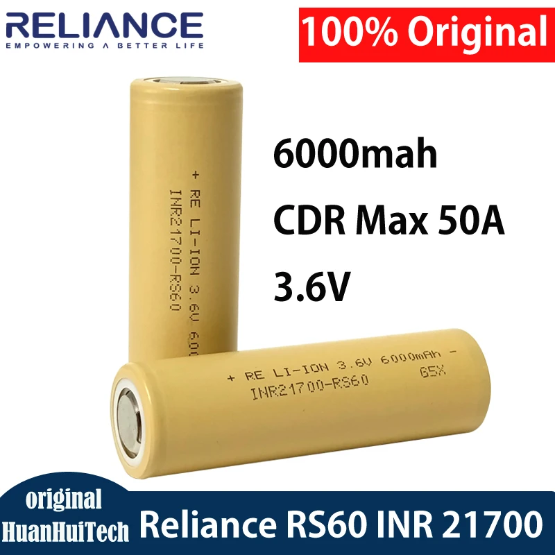 

Original Reliance RS60 INR 21700 6000mah CDR 50A 3.6V Low Resistance High Discharge Rechargrable Lithium Battery For Power Tools