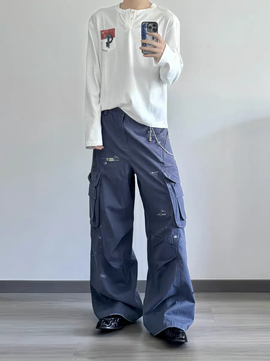 

Waed out Workwear Pants Men Women Patchwork Embroidery Spray Painted Design Loose Fit Straight Leg Cotton Trousers