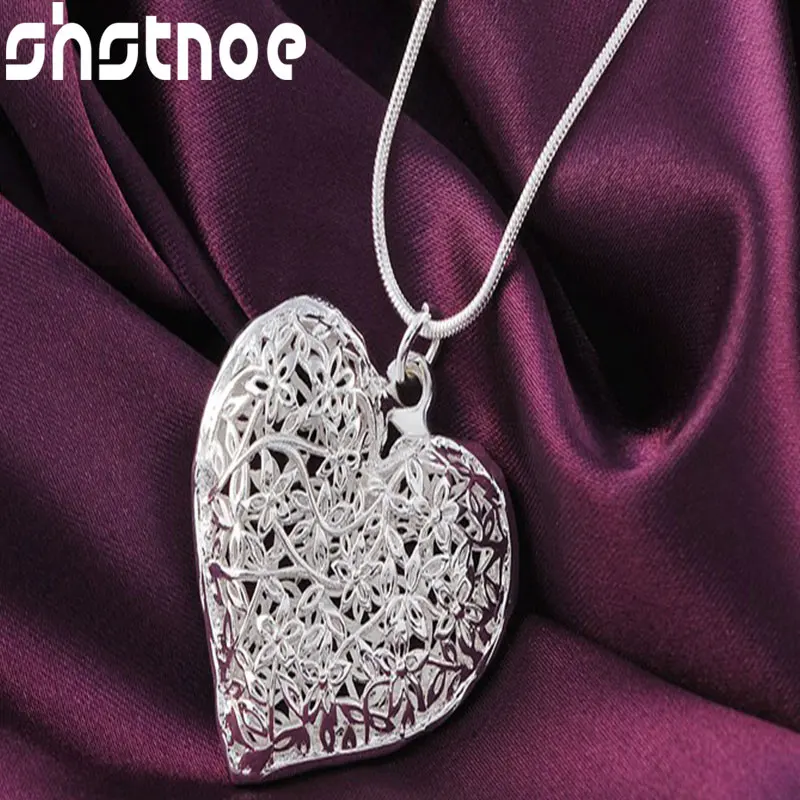 SHSTONE 925 Sterling Silver 16-30 Inch Chain Carved Heart Pendant Necklace For Women Engagement Wedding Gift Fashion Jewelry