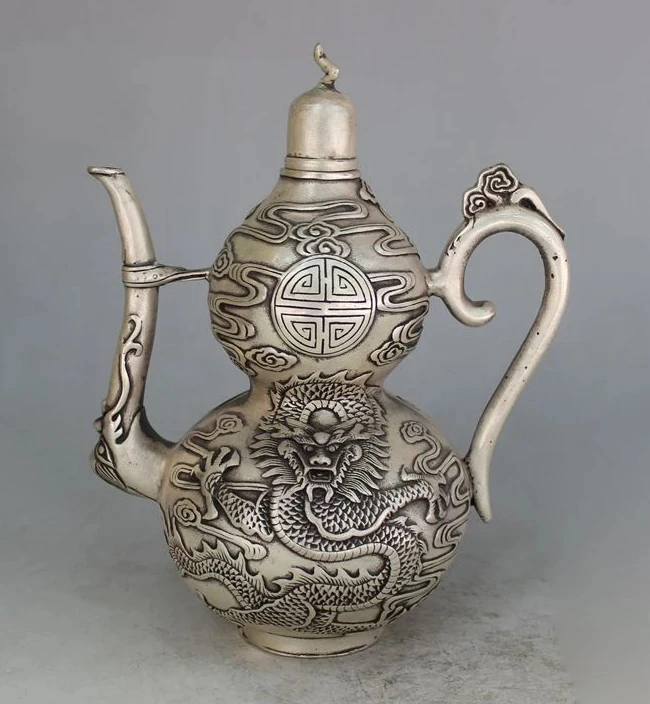 

Exquisite Chinese OLD White Copper Hand-carved Gourd-shape Dragon Auspicious Patterns Teapot