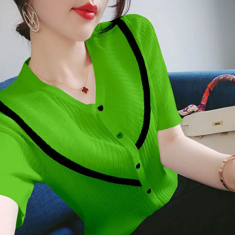 Fashion V-Neck 2024 New Short Sleeve Button Knitted Shirt Female Clothing Summer Casual Tops Loose Commute Blouse