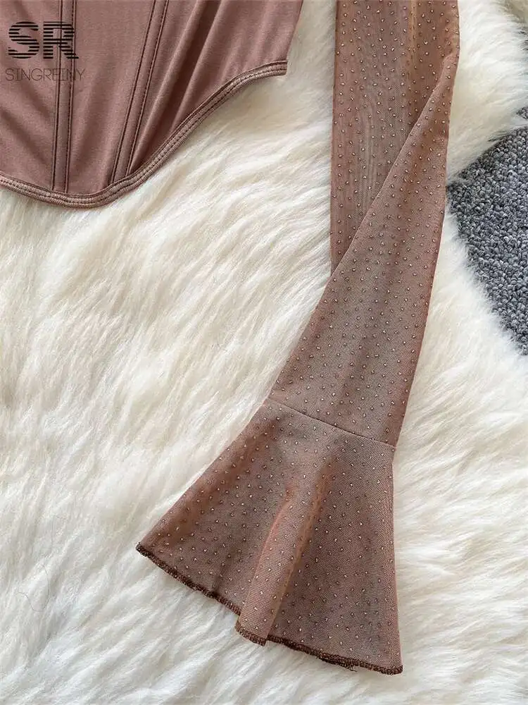 BabYoung Women Hotsweet Beading Tops 스퀘어 칼라 플레어 슬리브 셔츠 디자인 streetwear 솔리드 ​​메쉬 스플 라이스 스키니 기본 블라우스