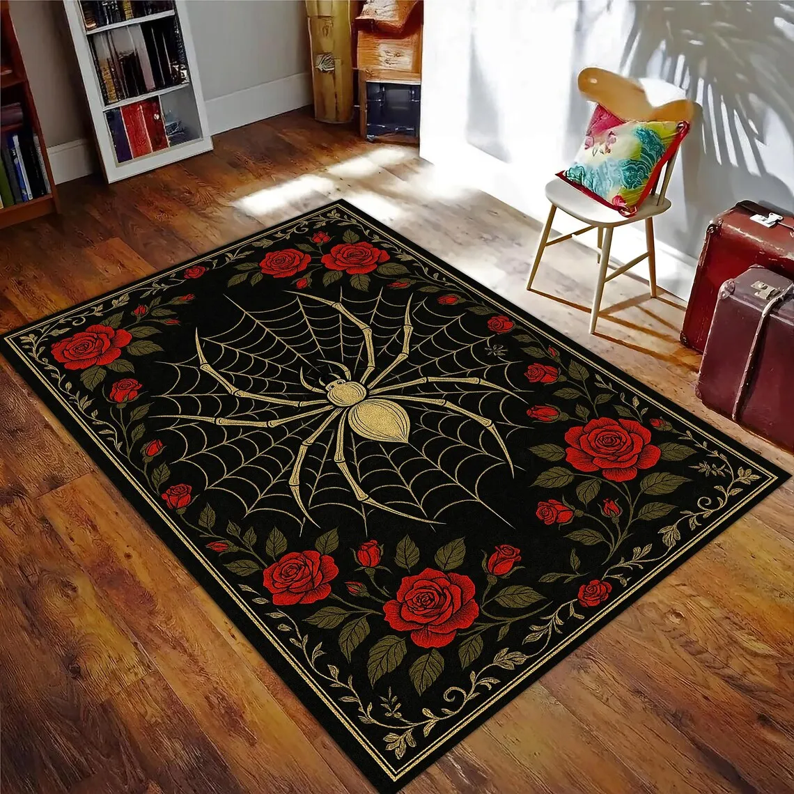 Gothic Red and Black Spiderweb Area Rug, Soft Non-Slip Indoor Outdoor Floor Mat for Bedroom and Living Room Decor - view 3